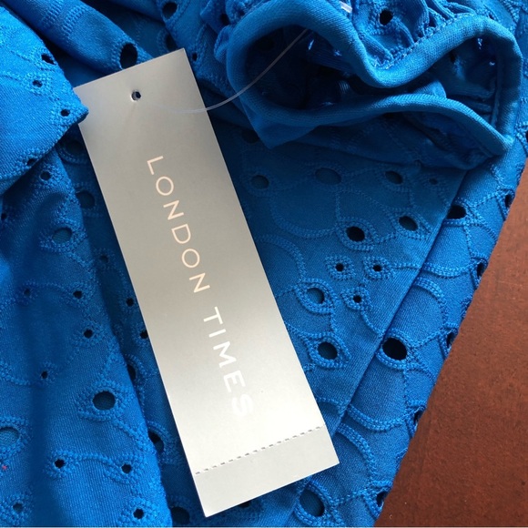 London Times 3/4 Sleeve Jersey Front Keyhole Blue Perforated Line Dress 6 - Picture 6 of 11